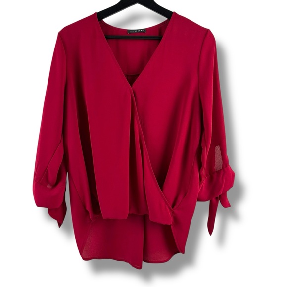 West Kei Women's M Wrap Front Surplice High Low Blouse Red Chiffon Flowy Office - Picture 1 of 8